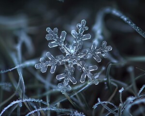 Poster - A delicate snowflake resting on a frosted blade of grass. AI.