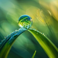 Poster - A water droplet sits on a blade of grass, reflecting the surrounding greenery. AI.