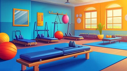 Sticker - Colorful Pilates Studio Interior with Equipment.