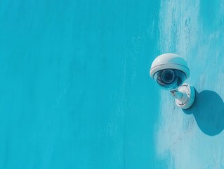 Two security cameras are mounted on a bright blue wall, monitoring the space with a clear lens.