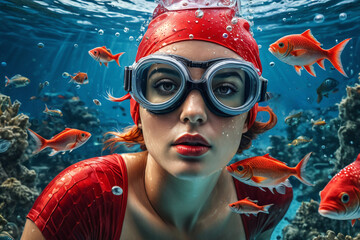 Woman wearing goggles underwater surrounded with fishes