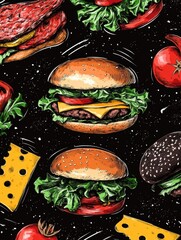 Poster - A vibrant arrangement of burger components including lettuce, tomatoes, cheese, and meat creates an appealing culinary design. Generative AI