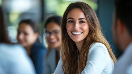 Skilled smiling female leader coaching interested business people, giving presentation in office.