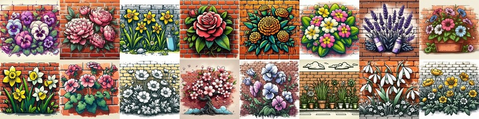 Canvas Print - Flowers painted on the bricks wall. AI generated illustration