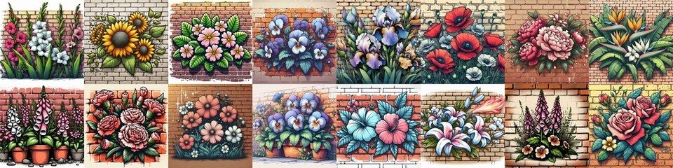 Canvas Print - Flowers painted on the bricks wall. AI generated illustration