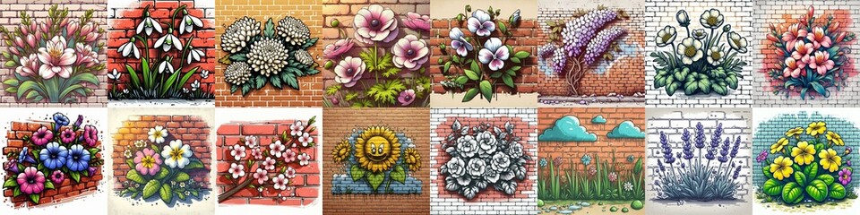 Canvas Print - Flowers painted on the bricks wall. AI generated illustration