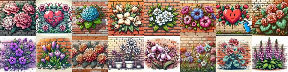 Canvas Print - Flowers painted on the bricks wall. AI generated illustration