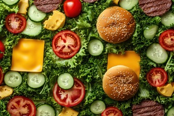Aufkleber - Fresh, vibrant burger ingredients are laid out, including lettuce, tomatoes, cheese, and meat, ready for assembling delicious burgers. Generative AI