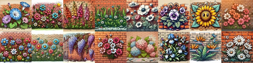 Canvas Print - Flowers painted on the bricks wall. AI generated illustration