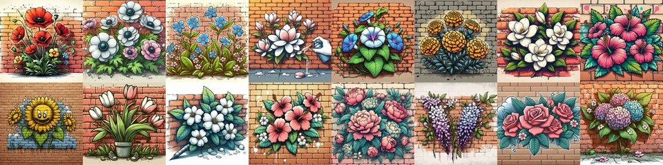 Poster - Flowers painted on the bricks wall. AI generated illustration