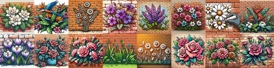 Canvas Print - Flowers painted on the bricks wall. AI generated illustration