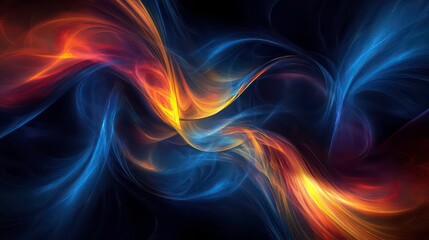 Abstract swirling neon blue and orange light trails on a black background.