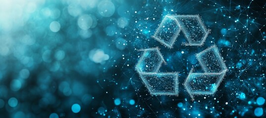 Digital Recycle Symbol On Futuristic Blue Background, Green Technology And Sustainability Concept