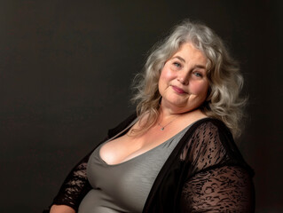 Sixty-year-old plus-size woman with curvy body and big breasts dressed in a gray and black dress in a sensual pose on the neutral background