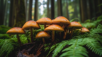 Wall Mural - Mushrooms growing in the shade of a tree, their caps glistening with moisture, surrounded by ferns.