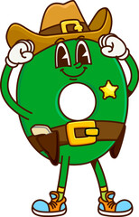 Poster - Cartoon groovy cowboy, sheriff math number zero character. Isolated vector 0 personage adorned in ten-gallon hat, with a gun on belt, ready to solve equations in the wild west of arithmetic adventures