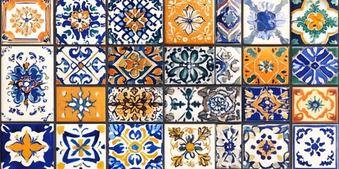  This design features beautiful tile patterns inspired by different cultures, like Mexican, Portuguese, Spanish, and Arabic styles. It's a mix of traditional ceramic and porcelain designs.