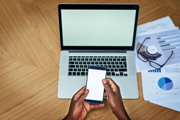 Poster - Screen, laptop and hands on desk with mobile, web design and online for marketing information. Technology, business person and digital with cellphone app for research, connect and scroll by closeup