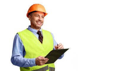 Poster - Builder Workman Standing Holding Folder Taking Notes Looking Aside At Copy Space Posing Over White Studio Background. Building Documentation, Housebuilding Service Advert Concept. Panorama
