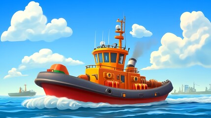 Sticker - Orange Tugboat Sailing on Blue Ocean.