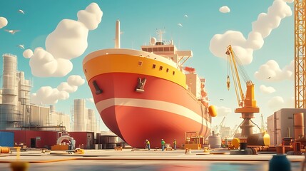 Poster - Cargo Ship Docked at a Busy Port.