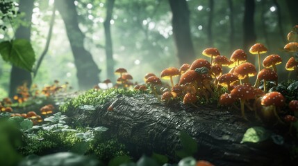 Wall Mural - Mushrooms sprouting from a fallen tree trunk, with soft light filtering through the dense forest canopy