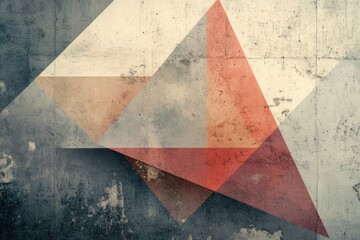 Poster - geometric triangular forms in warm hues intersect on a rough background, offering an abstract yet ba