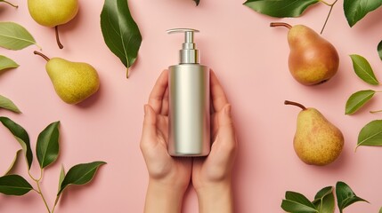 Wall Mural - Hands holding silver pump bottle mockup with pears on pink surface. Luxury skincare, organic personal care product template advertising image. Cosmetic packaging. Mock up photorealistic