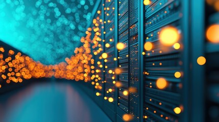 Poster - A server rack filled with hard drives, showcasing the storage and transfer of large amounts of data within a network.