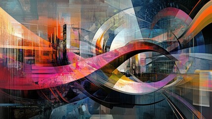 Abstract cityscape with bright colors, curves and layers.