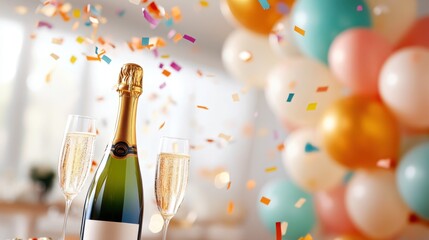 A bottle of champagne with two glasses, surrounded by colorful confetti and balloons, creating a jubilant and festive atmosphere ideal for celebrations.