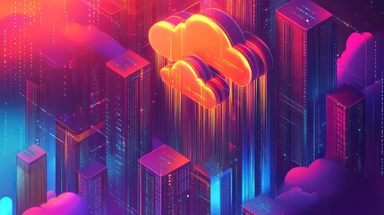 Leinwandbilder - A futuristic cityscape with glowing, multi-colored buildings and a large, cloud-shaped data center in the sky, symbolizing the digital transformation of modern cities.