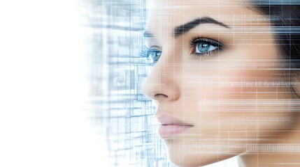 Poster - Woman's Face with Digital Grid Overlay.