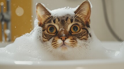 Poster - Cute Cat in a Bubble Bath Looking Curious