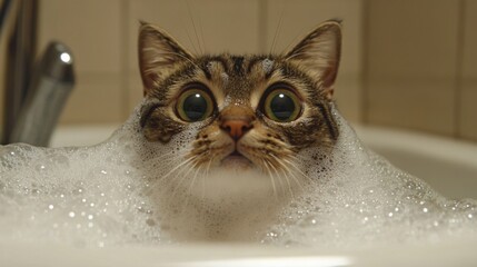 Poster - Cat Surrounded by Bubbles in Bath Tub