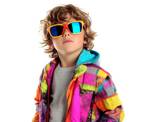 Cool kid with sunglasses and trendy colorful clothes, isolated on white, generated by ai
