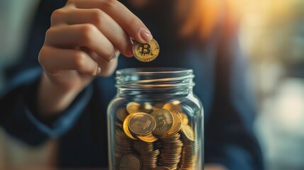 Poster - A person's hand is putting a Bitcoin coin into a glass jar full of coins.