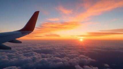 A scenic view of an airplane wing during a magnificent sunrise, with vibrant orange and pink hues illuminating the sky and fluffy clouds, symbolizing peaceful travel.