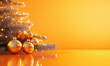 © emilio100 - New Year and Christmas decorations, balls and xmas tree on yellow background, generated ai
