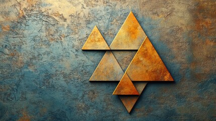 Poster - An artistic display of asymmetrical triangular shapes in warm tones rests against a textured blue and orange backdrop, showcasing creativity. Generative AI