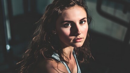 Canvas Print - Young woman with long brown hair looks directly at the camera.