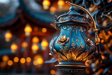 Poster - 3D digital illustration of a festival celebration, with golden lanterns and intricate decorations, creating a vivid, lively scene of prosperity