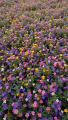 Vibrant wildflowers in shades of purple pink yellow and blue create a lively meadow texture