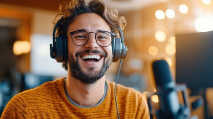 A cheerful man with glasses and headphones smiles at the camera during a recording session, capturing a moment of joy and creative expression in a modern setting.