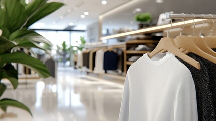 Sweaters in varying shades hang neatly on wooden hangers, set in the bright and modern interior of a retail store, capturing contemporary fashion trends.