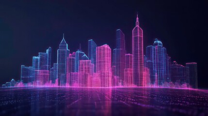 Poster - A futuristic city skyline rendered in a wireframe style with neon pink and blue lights against a dark background.