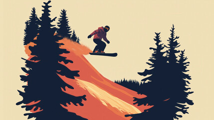 Wall Mural - snowboarder on a ski slope, jumping on ski resort, perfect ski resort, minimalist flat illustration, vector art poster, ski poster, Ultra-high resolution