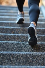 Close-up of feet climbing stairs, focus on fitness and motion