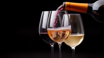 Various types of wine being poured into stylish glasses on a dark background, showcasing rose, red, and white varieties, representing elegance and indulgence.