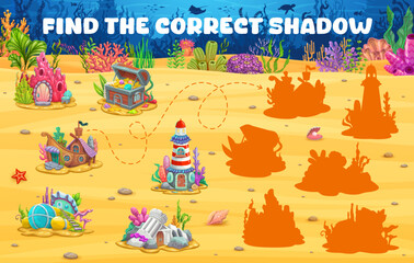 Aufkleber - Find correct shadow of underwater houses or kids game worksheet, vector puzzle quiz. find and match correct shadow silhouette of same underwater houses or undersea homes in sunken ship or lighthouse